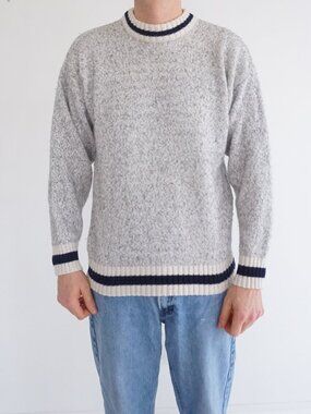 Vintage Lakewoods Gray Marled Knit Contrast Stripe Crewneck Sweater Pullover M